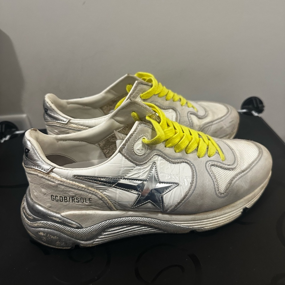 Golden Goose White and Silver Sneakers with Yellow Laces
